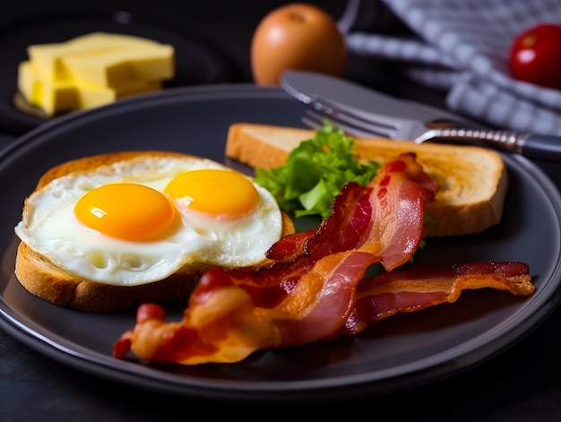 Due uova fritte su un toast e fette di pancetta Primo piano Un po' di burro e frutta su sfondo sfocato IA generativa