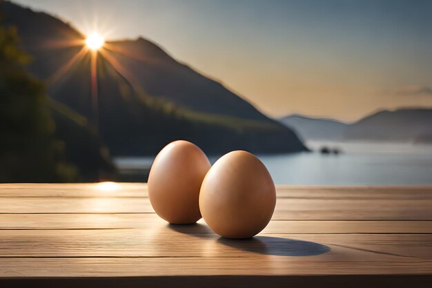 Due uova su un tavolo di legno con le montagne sullo sfondo