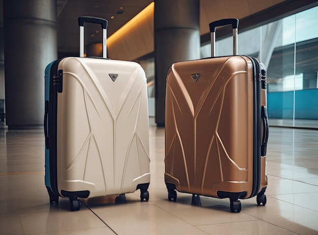 Due valigie di plastica in piedi nel corridoio vuoto dell'aeroporto, borse bagagli eleganti in attesa nella sala del terminal, create con la tecnologia Generative AI