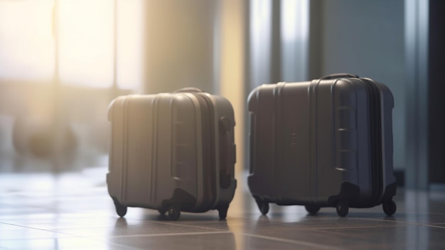 Due valigie sul pavimento, una delle quali è la parola "viaggio".