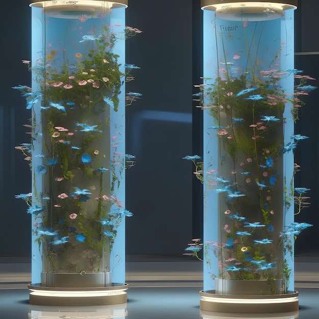 due vasi di vetro alti con piante dentro di loro