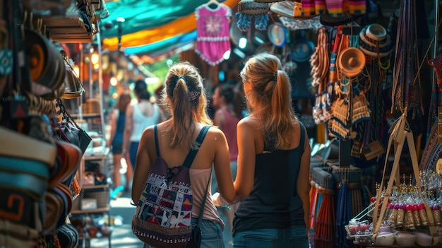 Due viaggiatori che esplorano un vivace mercato di strada pieno di artigianato locale