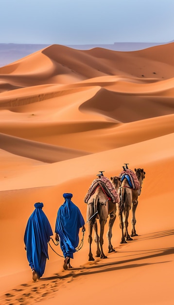 Due viaggiatori in abiti blu con cammelli che camminano attraverso il deserto