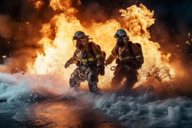 Due vigili del fuoco in uniforme sullo sfondo dell'incendio