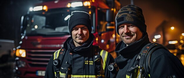 Due vigili del fuoco sono posizionati accanto a un veicolo antincendio mentre indossano l'attrezzatura protettiva arrivano di turno la sera