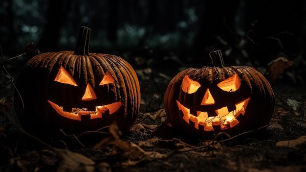 Due zucche in una foresta oscura con la parola halloween sul davanti.