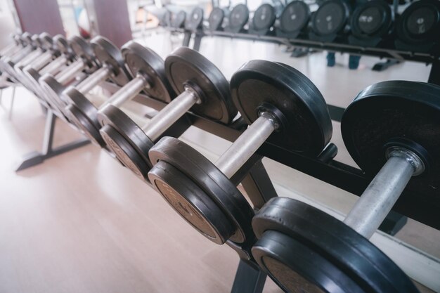 Dumbbells in fila in palestra