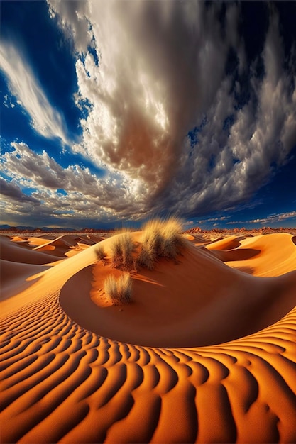 Duna di sabbia nel mezzo di un deserto sotto un cielo nuvoloso ai generativa