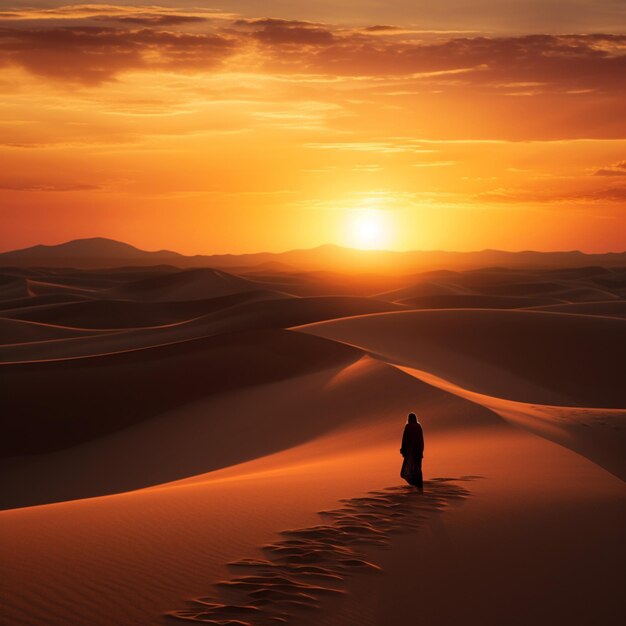 Dune al tramonto con la silhouette di una persona