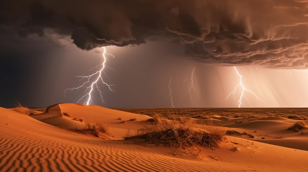 dune del deserto che rotolano oltre il temporale con fulmini