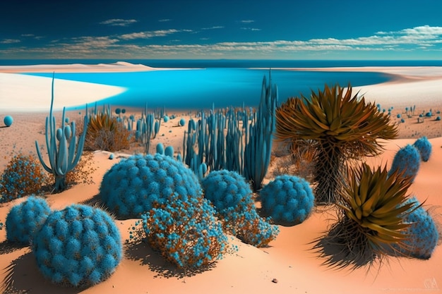 Dune di sabbia che si innalzano contro un cielo blu calda luce dorata con piante e cactus IA generativa