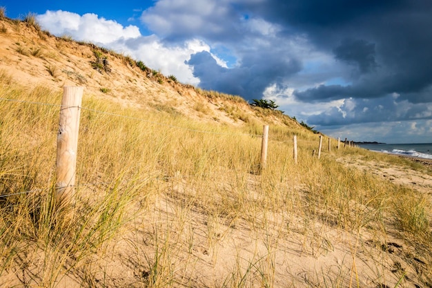 Dune di sabbia e recinzione su una spiaggia Re Island France Sfondo nuvoloso