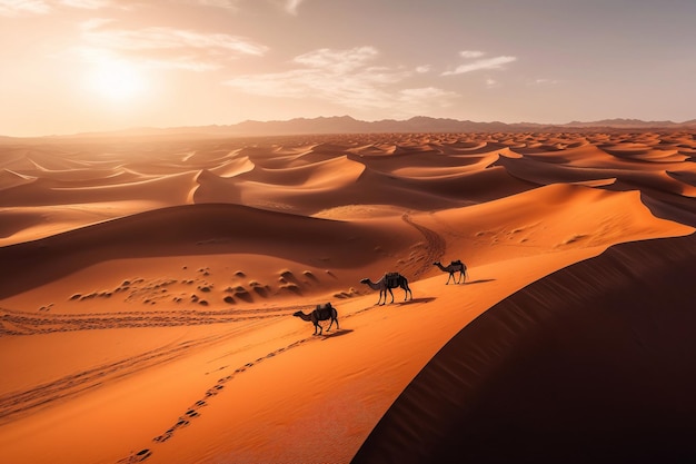 Dune di sabbia nel deserto con i cammelli al tramonto