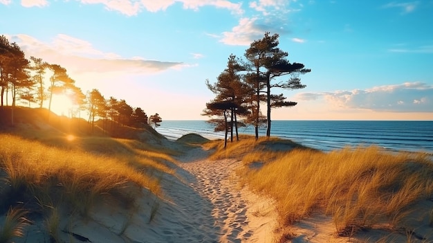 dune di sabbia sulla spiaggia baltica tramonto sulla spiaggia pino riflesso del sole sull'acqua