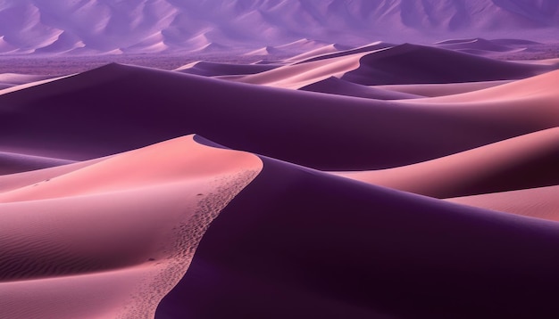 Dune rosa nel deserto con un tenue cielo viola