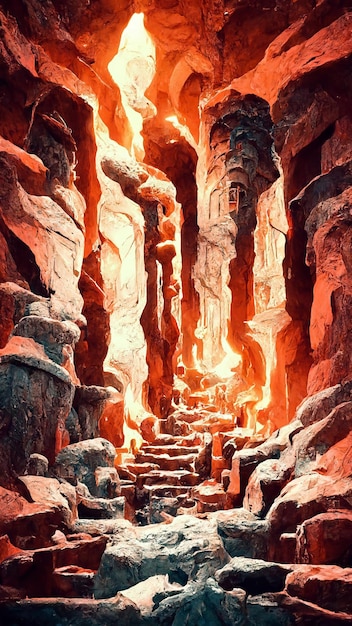 Dungeon sotterraneo della caverna fatto di fuoco di pietra intorno all'illustrazione 3D