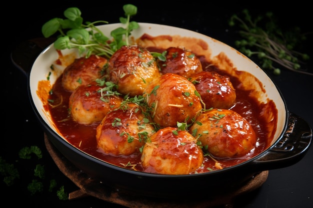 Duo con glassa di pomodoro Filetto di pollo e polpette al forno immersi in una deliziosa salsa di tomato