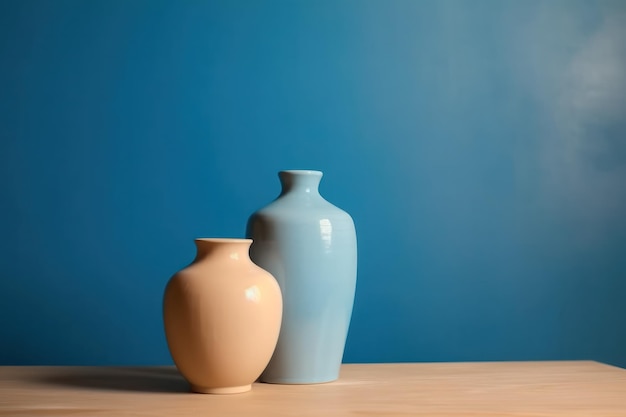 Duo di vasi moderni su uno sfondo di parete blu