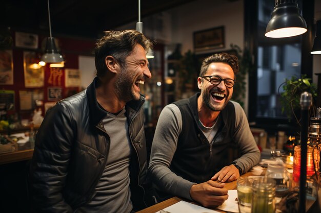 Duo in studio radio sorrisi e microfono magia presenza energetica e vibrazioni vibranti conduttori dinamici pronti a impegnarsi momento accattivante nella trasmissione generativa Ai