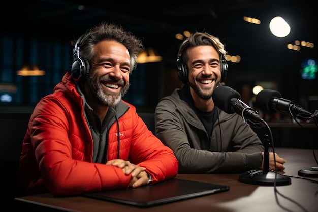 Duo in studio radio sorrisi e microfono magia presenza energetica e vibrazioni vibranti conduttori dinamici pronti a impegnarsi momento accattivante nella trasmissione generativa Ai