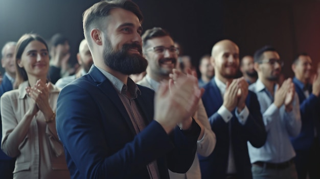 Durante una conferenza di lavoro o una riunione in ufficio Generative AI il pubblico applaude l'oratore dopo una presentazione di successo