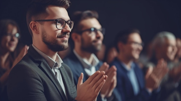 Durante una conferenza di lavoro o una riunione in ufficio Generative AI il pubblico applaude l'oratore dopo una presentazione di successo