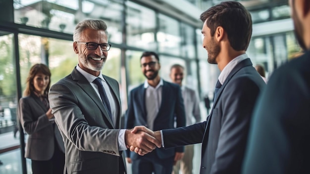 Durante una riunione di lavoro, gli uomini d'affari vengono salutati l'uno dall'altro GENERATE AI