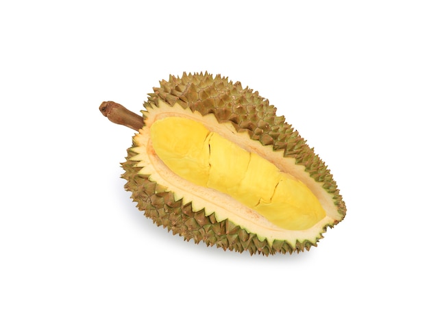 Durian isolato su sfondo bianco. Re dei frutti in Thailandia. Tracciato di ritaglio
