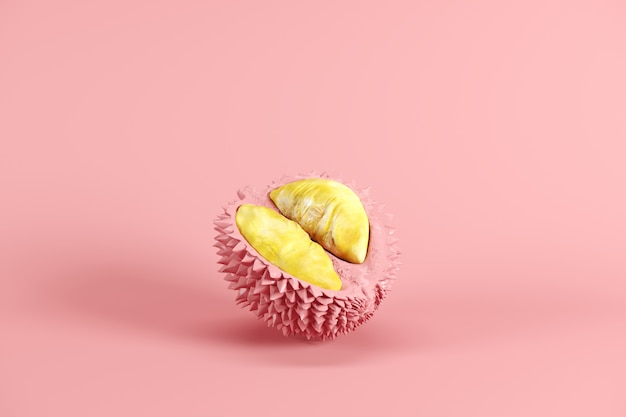 Durian maturo del taglio fresco con la buccia dipinta nel rosa isolato sul fondo di rosa pastello