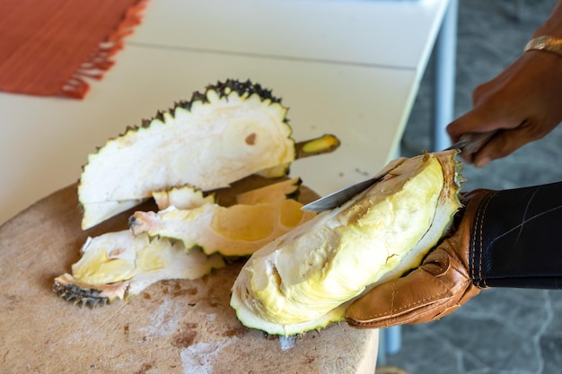 Durian Seller mostra come aprire e spiegare informazioni e dettagli al pubblico