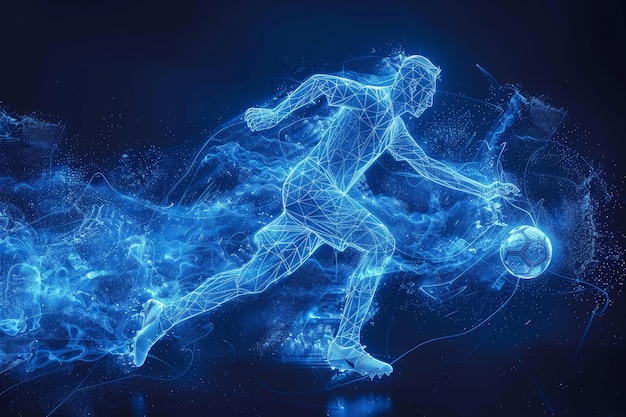 Dynamic Soccer Player in Action Una vibrante illustrazione artistica digitale di un calciatore MidStrike circondato da energetiche tracce di luce