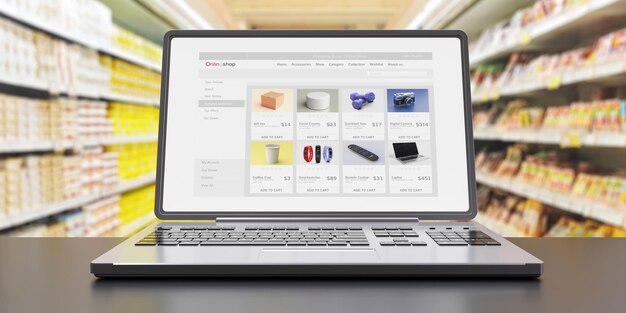 E acquista lo shopping online Sito Web del negozio online sullo schermo di un computer portatile