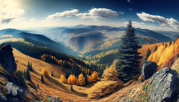 È autunno sugli altopiani, panorama autunnale sulla valle e sulle montagne circostanti