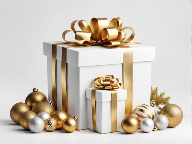 E bianco moderno alla moda di Natale oro scatola regalo aperta con giocattoli e visualizzazione su spazio vuoto bianco B