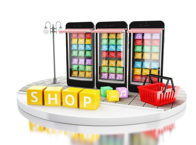 E-commerce 3d, smartphone con app store mobili.