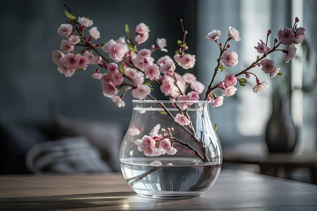 È il ramo di Sakura primaverile in fiore in un vaso sul tavolo con spazio per il testo