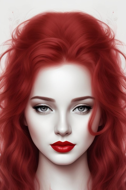 è raffigurata una donna con i capelli rossi e un rossetto rosso sul viso con sfondo bianco e nero h