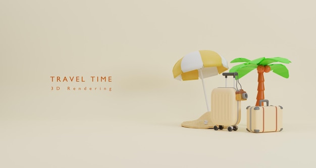È tempo di viaggiare concetto in stile cartone animato 3d con valigia e accessori da viaggio rendering 3D