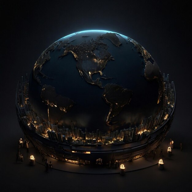 Earth Hour Conceptual 3D Render Realistico Terra oscurata per le immagini di eco-consapevolezza