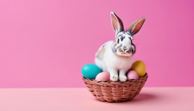 Easter bunny uova colorate su sfondo rosa modello banner felice easter copia spazio AI generato