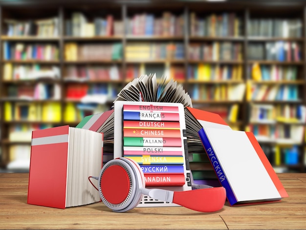Ebook audio apprendimento lingue e libri 3d render library background