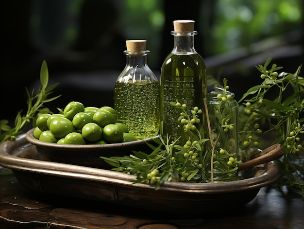 Eccellenza culinaria Bottiglia di olio d'oliva su tavolo di legno