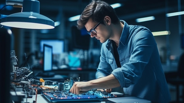 Eccellenza ingegneristica Ispezione di un chip di computer saldato da parte di un giovane ingegnere adulto