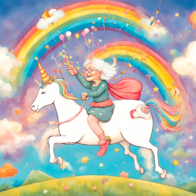 Eccentrica donna anziana che cavalca un unicorno attraverso il cielo dell'arcobaleno compleanno della nonna