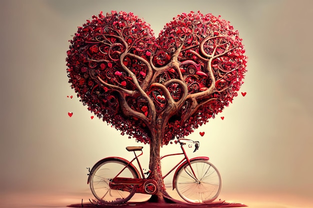 Eccezionale albero dell'amore e bicicletta con cuori