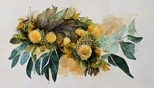 Eccezionale Girasole e foglie di eucalipto bouquet acquerello illustrazione digitale pittura opere d'arte Generativo Ai