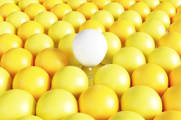 Eccezionale palloncino di colore bianco che fluttua al centro tra lo sfondo del palloncino di colore giallo. Rendering 3D.
