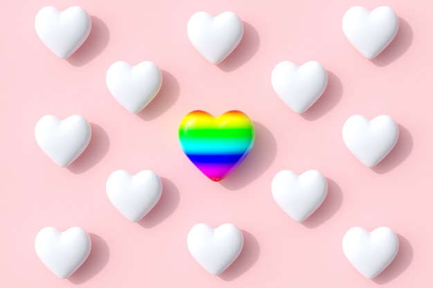 Eccezionali forme di cuore colorato di colore di caramelle lecca-lecca su sfondo rosa. Rendering 3D. Idea minima del concetto di San Valentino.
