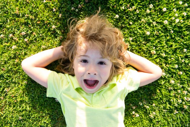 Eccitato bambino stupito sdraiato sull'erba da vicino la testa del bambino carino nel parco naturale estivo i bambini si godono il su...