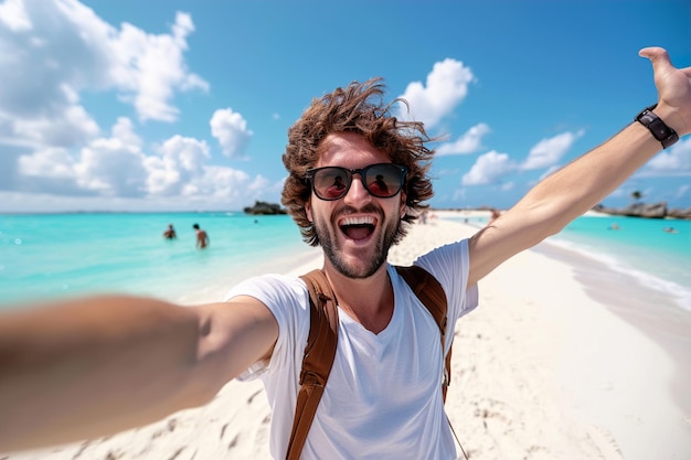 eccitato Bell'uomo che prende selfie in spiaggia